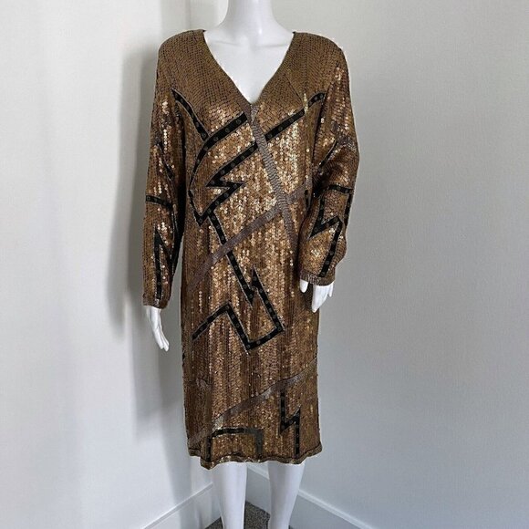 Vintage 90's Women Party Dress Size 8 Sequin Gold Black Lightning Silk - Picture 1 of 7
